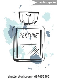 Graphic hand drawn perfume bottle with fragrance splashes. Element for fashion logo design, decoration, magazine, shop and salon banner, poster, advertising, fabric print, sticker.