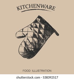 Graphic hand drawn potholder. Kitchenware sketch vector illustrator. Retro style