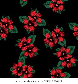 Graphic hand drawn red rose flower pattern on black  backgroung fabric textil