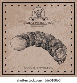 Graphic hand drawn Salami smoked sausage isolated on shabby background. Meat products sketch elements. Retro hand-drawn vector illustration. Great for poster, banner, voucher, coupon.