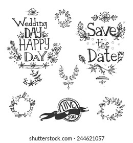 graphic hand drawn set: letters, hearts, sun, wings, ribbons 