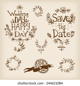graphic hand drawn set: letters, hearts, sun, wings, ribbons 