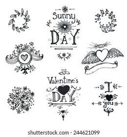 graphic hand drawn set: letters, hearts, sun, wings, ribbons 