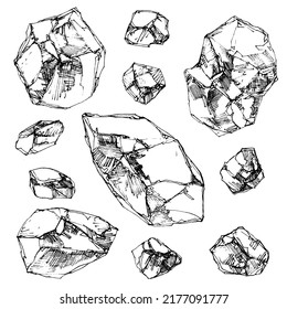 Graphic Hand Drawn Sketch Of Crystal Stones - Line Art On White Background