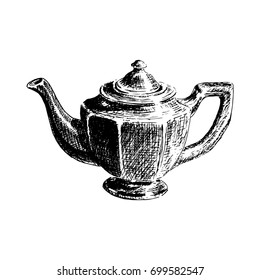 Graphic hand drawn tea pot on white background. Kitchenware isolated, drawn vector sketch illustration. side view. Retro style. For prints, textile, advertising, poster, tourism, postcard