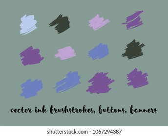 Graphic Hand Drawn Vector Banner Set. Blue, Pink, Purple Splats, Brushstrokes, Lipstick Smears. Hipster Graffiti Ads Background, Vintage Paintbrush Doodles. Noble VIP Fashion Ink Vector Banners Set.