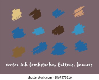 Graphic Hand Drawn Vector Banner Set. Blue, Pink, Purple Logos, Paint Brush Lipstick Smears. Hipster Graffiti Ads Background, Vintage Paintbrush Doodles. Rich VIP Fashion Ink Vector Banners Set.