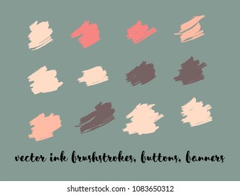 Graphic Hand Drawn Vector Banner Set. Blue, Pink, Purple Splats, Brushstrokes, Lipstick Smears. Modern Textured Ad Background, Artistic Paintbrush Doodles. Glamour VIP Fashion Ink Vector Banners Set.
