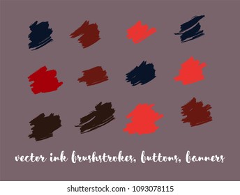 Graphic Hand Drawn Vector Banner Set. Blue, Pink, Purple Splats, Paintbrush Lipstick Smears. Modern Graffiti Ads Background, Artistic Paintbrush Doodles. Noble VIP Fashion Ink Vector Banners Set.
