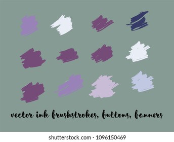 Graphic Hand Drawn Vector Banner Set. Blue, Pink, Purple Splats, Brushstrokes, Purple Smears. Modern Textured Ad Background, Artistic Paintbrush Doodles. Rich VIP Drawn Ink Vector Banners Set.