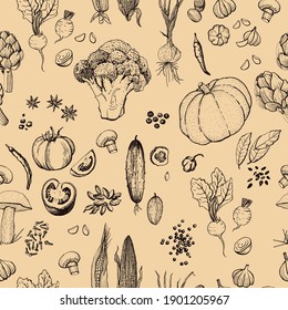 Graphic hand drawn vegetables pattern. Vector illustration. Manual graphics. Seamless pattern for decorating various surfaces.