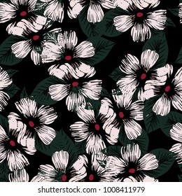 Graphic hand drawn white flower pattern on  backgroung fabric textil