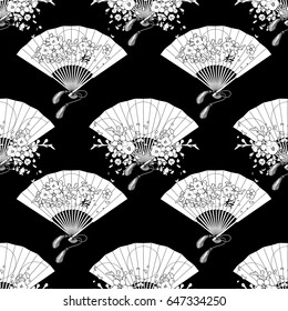 Graphic Hand fans with traditional japanese design and sakura decorations. Vector seamless pattern. Coloring book page design for adults and kids