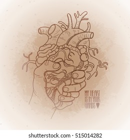 Graphic hand grasping human heart. Vector card isolated on vintage background
