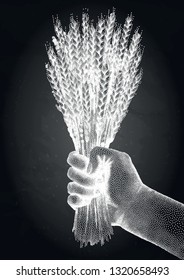Graphic hand holding the bunch of malt drawn in stippling technique