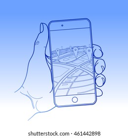 Graphic hand holding smartphone with GPS navigation on it. Vector line art.