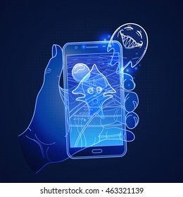 Graphic hand holding smartphone with GPS navigation and fantasy creatures flying out of it. Vector conceptual line art. Trendy outdoor adventure game