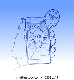 Graphic hand holding smartphone with GPS navigation and fantasy creatures flying out of it. Vector conceptual line art. Trendy outdoor adventure game