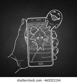 Graphic hand holding smartphone with GPS navigation and fantasy creatures flying out of it. Vector conceptual line art. Trendy outdoor adventure game