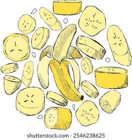 Graphic hand made illustration of bananas and slices. vector circle round composition. Food preparation and kitchenware. Vector doodle clipart. 