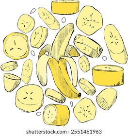 Graphic hand made illustration of bananas and slices. Funny vector circle round composition. Food preparation and kitchenware. Vector doodle clipart. 
