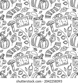 Graphic hand painted seamless pattern with with autumn elements in doodle style. Fall rustic background. Nature illustration for wrapping paper, textile, decorations