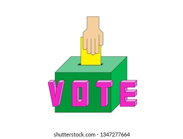 Graphic of the hand put the voting paper in the box, with the isometric font VOTE in front of, the first step of democracy to choose the leader. Colorful with black line on white background.