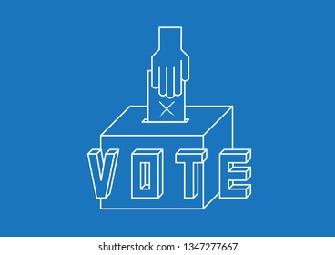Graphic of the hand put the voting paper in the box, with the isometric font VOTE in front of, the first step of democracy to choose the leader. white line on blue background.