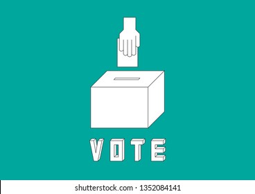 Graphic of the hand put the voting paper in the box, with the isometric font VOTE below, white object on green background. The first step of democracy to choose the leader.