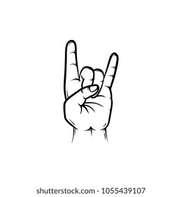 graphic hand showing rock and roll sign gesture by fingers icon silhouette. Heavy metal, hard classic punk rock music culture symbol. Isolated illustration on a white background.