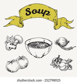 graphic hand-drawn illustrations. national Mexican soup and ingredients