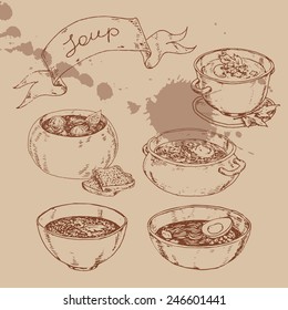 graphic hand-drawn illustrations. set of different national soups