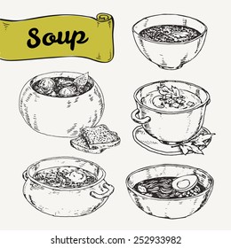 graphic hand-drawn illustrations. set of different national soups