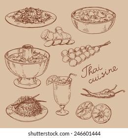 graphic hand-drawn illustrations. set of national cuisine of Thailand 