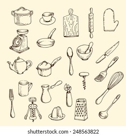 Graphic hand-drawn set of kitchen utensil