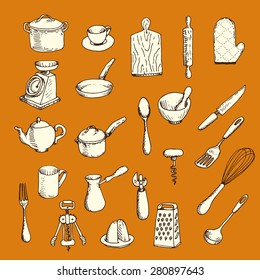 Graphic hand-drawn set of kitchen utensil