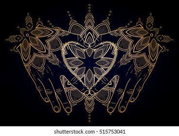 Graphic hands folded in the shape of heart isolated on black background in golden colors. St. Valentines Day design