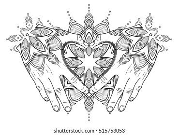 Graphic hands folded in the shape of heart. Coloring book page design for adults and kids. Tattoo art