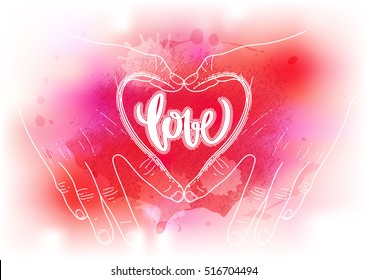 Graphic hands folded in the shape of heart. Vector illustration isolated on red watercolor background in red and purple colors. St. Valentines Day design