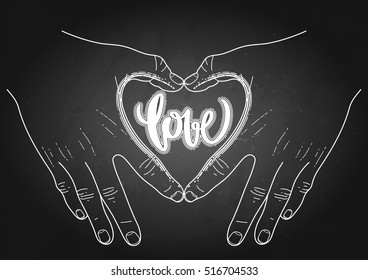 Graphic hands folded in the shape of heart. Vector illustration isolated on the chalkboard. St. Valentines Day design