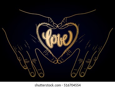 Graphic hands folded in the shape of heart. Vector illustration isolated on black background in golden colors. St. Valentines Day design