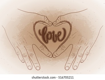 Graphic hands folded in the shape of heart. Vector illustration isolated on vintage background. St. Valentines Day design