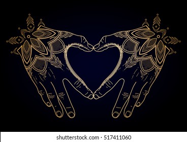 Graphic hands folded in the shape of heart isolated on black background in golden colors. St. Valentines Day design