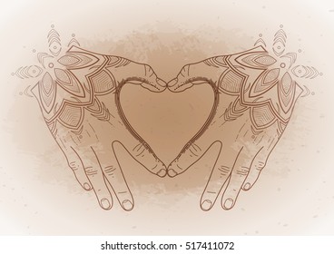 Graphic hands folded in the shape of heart isolated on vintage background. St. Valentines Day design