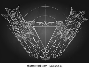 Graphic Hands Folded In The Shape Of Triangle. Sacred Geometry. Tattoo Art Or T-shirt Design