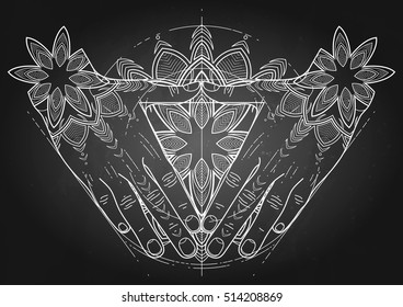 Graphic hands folded in the shape of triangle. Sacred geometry. Tattoo art or t-shirt design
