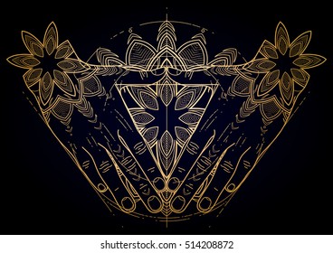 Graphic hands folded in the shape of triangle. Sacred geometry. Tattoo art or t-shirt design