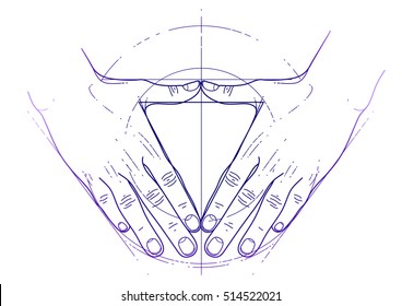 Graphic hands folded in the shape of triangle. Sacred geometry. Tattoo art or t-shirt design