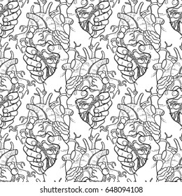 Graphic hands grasping human heart. Vector seamless pattern. Coloring book page design for adults and kids