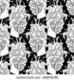 Graphic hands grasping human heart. Vector seamless pattern. Coloring book page design for adults and kids